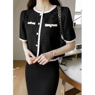 Puff-sleeve Piped Textured Blouse