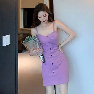 Spaghetti Strap Button-up Mini Sheath Dress