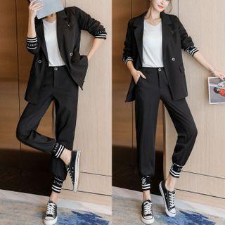 Set: Lettering Double-breasted Blazer + Cropped Harem Pants