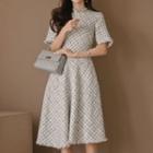 Short-sleeve Frayed Tweed Midi Dress