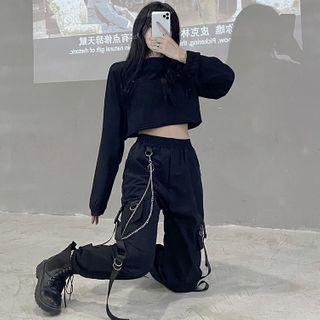 Set: Plain Crewneck Long-sleeve Top + Harem Pants With Chain