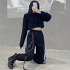 Set: Plain Crewneck Long-sleeve Top + Harem Pants With Chain