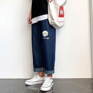 Flower Print Cropped Straight-fit Jeans