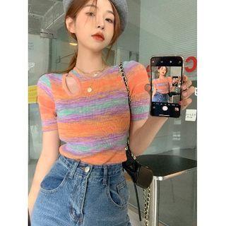 Short-sleeve Cutout Striped Knit Top Stripe - Orange & Purple & Blue - One Size