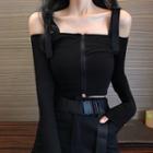 Off-shoulder Zip Crop Top / Cargo Pants With Belt