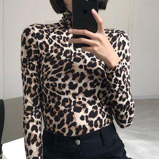 Leopard Turtle-neck Long-sleeve Jumper T-shirt