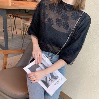 Elbow-sleeve Floral Mesh Mock-neck Top