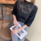 Elbow-sleeve Floral Mesh Mock-neck Top