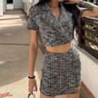 Short-sleeve Plaid Crop Blazer / Pencil Skirt