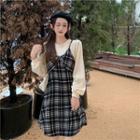 Mock Two-piece Puff-sleeve Argyle Print Dress