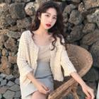 3/4-sleeve Open-front Eyelet Lace Cardigan