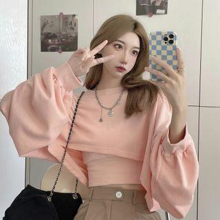 Long-sleeve Cropped Sweatshirt + Camisole Top