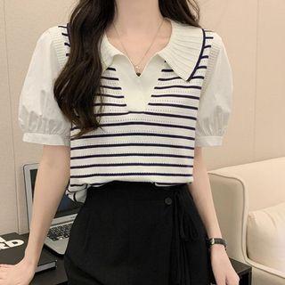 Mock Two-piece Puff-sleeve Striped Collared Blouse Stripes - White - One Size