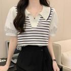Mock Two-piece Puff-sleeve Striped Collared Blouse Stripes - White - One Size