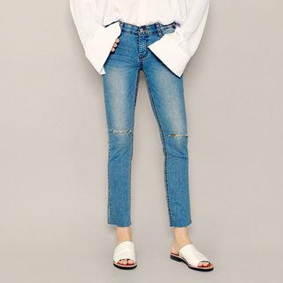 Hidden Band-waist Distressed Crop Straight-cut Jeans