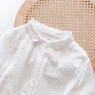 Elbow-sleeve Collared Pintuck Blouse White - One Size