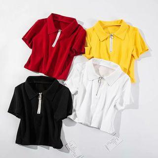 Zip Detail Short-sleeve Cropped Polo Shirt