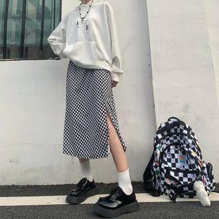 Checkered Slit-hem Midi A-line Skirt