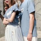 Couple Matching Set: Lettering Short-sleeve T-shirt Dress + Midi Skirt