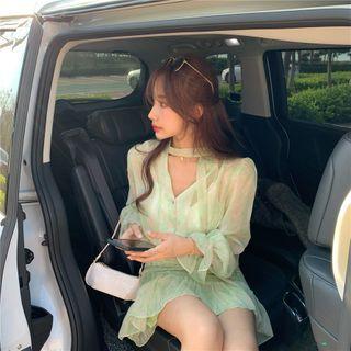 Printed Long-sleeve Tie-neck Ruffle Hem Mini Sheath Dress Light Green - One Size