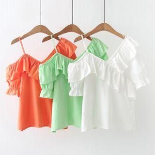 Short-sleeve Cold Shoulder Frill Trim Blouse