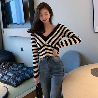 Long-sleeve V-neck Striped Knit Top Stripes - Almond & Black - One Size