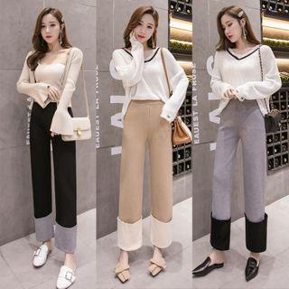 High-waist Knit Two-tone Straight-cut Pants