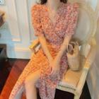 Short-sleeve Floral Print Midi A-line Dress Dress - One Size