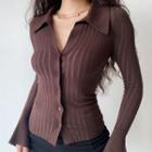Flared-cuff Ribbed Polo-neck Cardigan