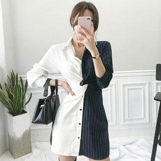 3/4-sleeve Striped Paneled Knotted Mini Shirt Dress