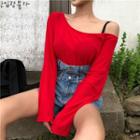 Off-shoulder Long-sleeve Loose-fit Top / High-waist Denim Shorts