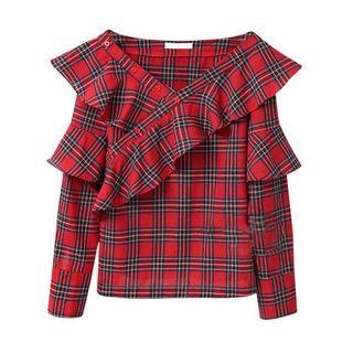 Long-sleeve Fill-trim Plaid Top