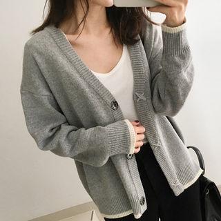 Hidden-button Contrast-trim Cardigan