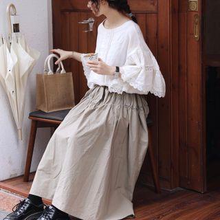 Plain Shirred Midi A-line Skirt Light Grayish Green - One Size
