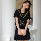 Set: Sailor Collar Crop Shirt + Pleated Mini A-line Skirt