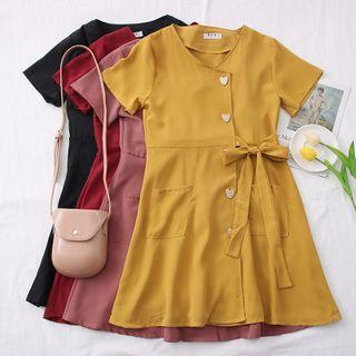 Heart-button V-neck Shirtdress With Sash