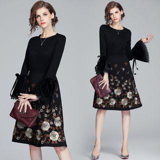 Flare-cuff Lace Trim Floral Embroidered Midi A-line Dress