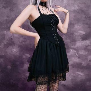 Set: Halter Camisole Top + Lace Mini A-line Skirt