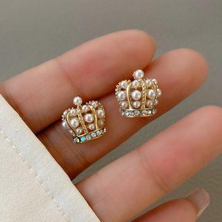 Crown Faux Pearl Rhinestone Alloy Earring 1 Pair - Gold & White - One Size