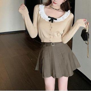 Lace Trim Cropped Cardigan / Mini A-line Skirt