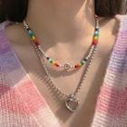 Set Of 2: Bead Necklace + Heart Necklace Set Of 2 - Silver - One Size