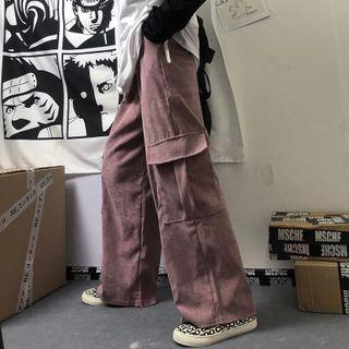 Drawstring Waist Side Pocket Corduroy Cargo Pants
