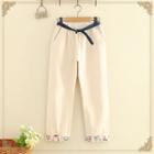 Embroidered Belted Straight-leg Pants