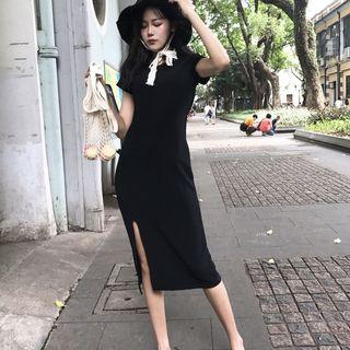 Plain Short Sleeve Slit Hem Midi T-shirt Dress