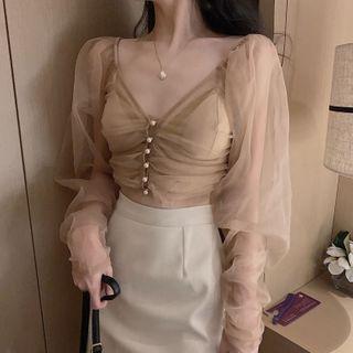 V-neck Mesh Blouse / Asymmetric Mini A-line Skirt