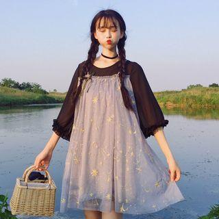 Mock Two-piece 3/4-sleeve Dress As Shown In Figure - One Size