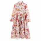 Set: Flower Print Long-sleeve Midi Chiffon Dress + Slipdress