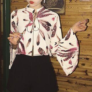 Feather Print Bell-sleeve Chiffon Blouse
