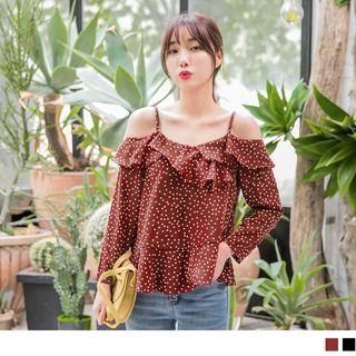 Off Shoulder Dot Print Ruffled Top