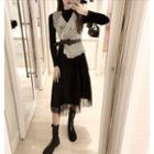 Fringed-hem Tweed Vest / Mesh Panel Long-sleeve Dress
